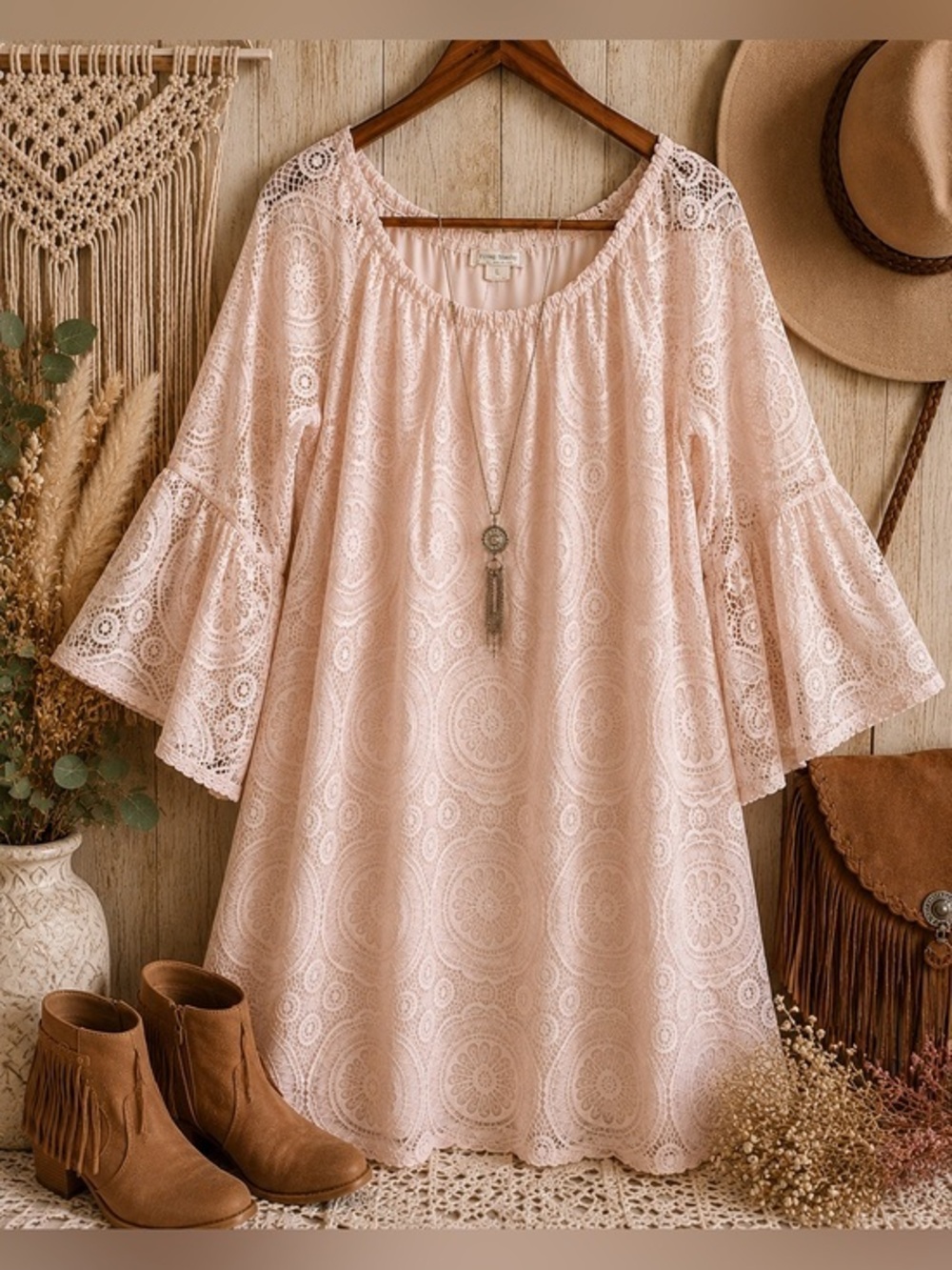 Blush Pink Lace Bell Sleeve Boho Tunic Mini Dress Flying Tomato GUC S #1066